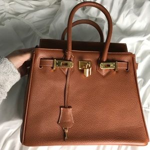 Genuine leather brown Birkin style lock key bag
